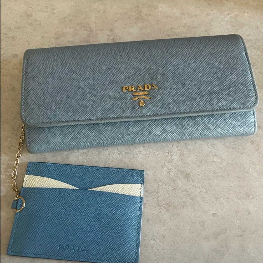 Prada Blue Long Wallet w/ Matching Cardholder
